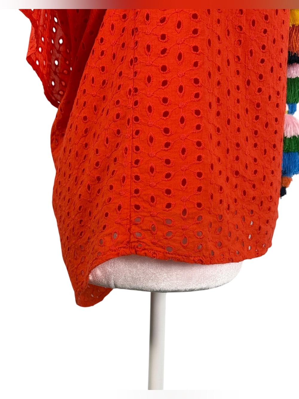 Tru Self Orange-Red Eyelet Off Shoulder Tassel Blouse Medium Boho Resort Top - Picture 5 of 11